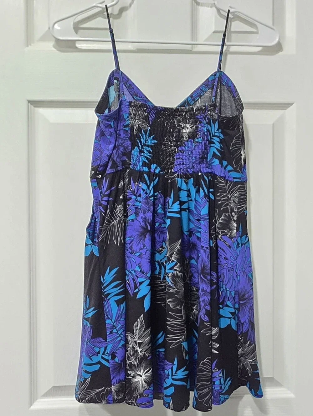 Express Womens Black Blue Purple Floral Tropical Print Mini Dress Pockets Sz XS